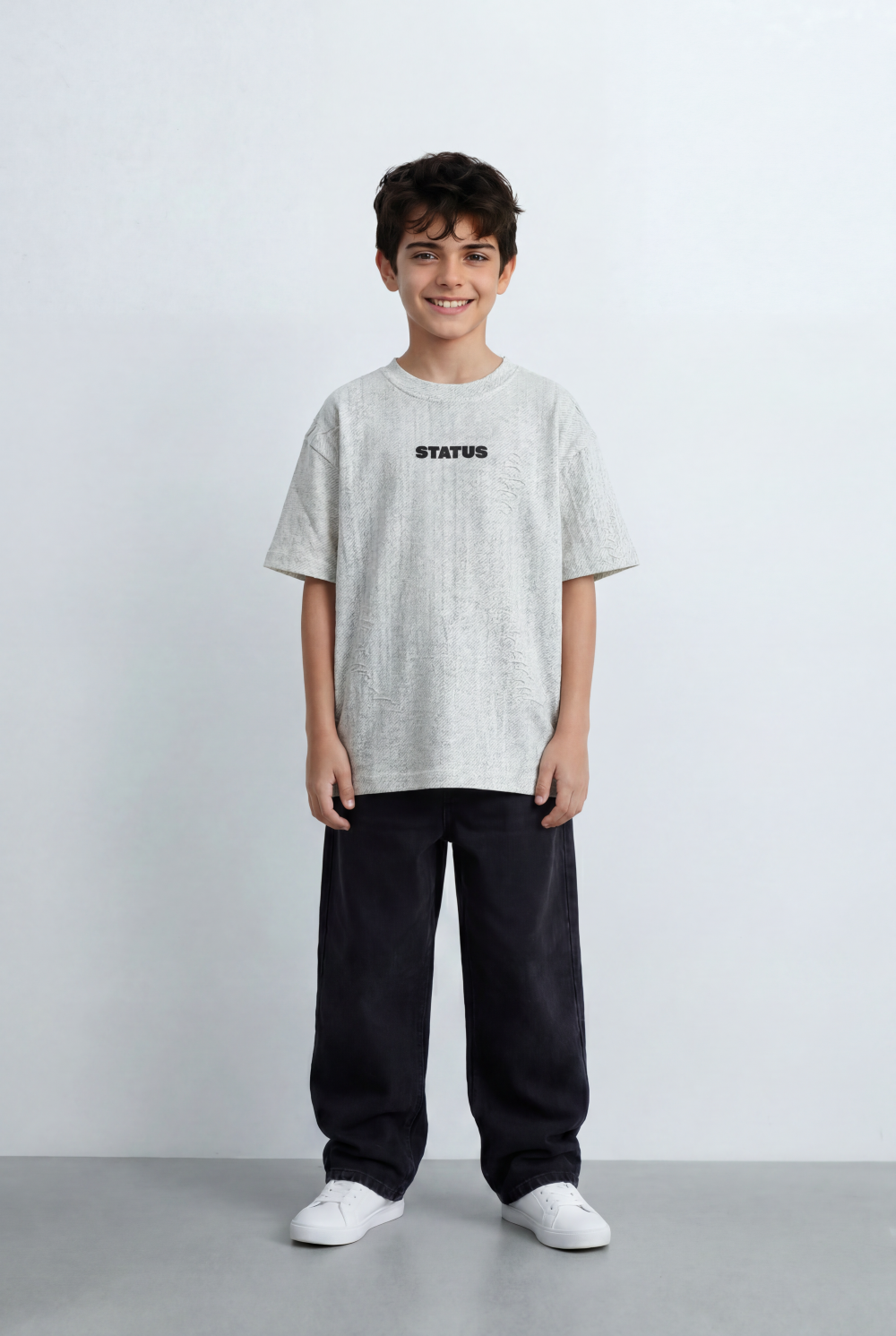 Boy’s Tomato Store Textured Oversized T-Shirt Tonal Crinkle Effect Minimal Chest Graphic