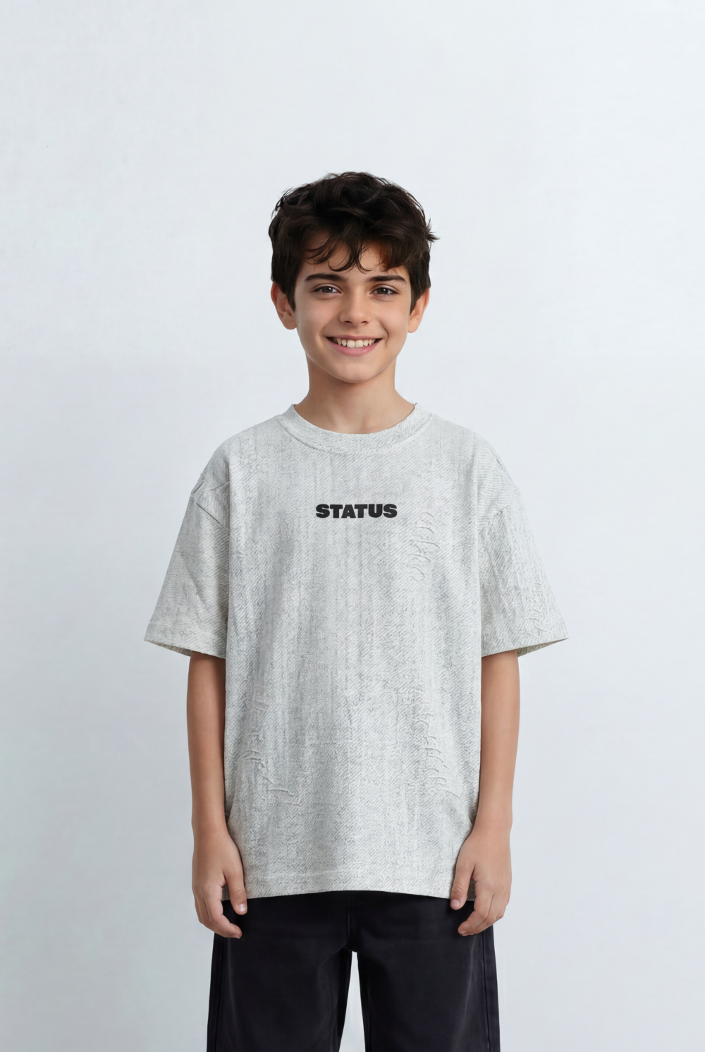 Boy’s Tomato Store Textured Oversized T-Shirt Tonal Crinkle Effect Minimal Chest Graphic