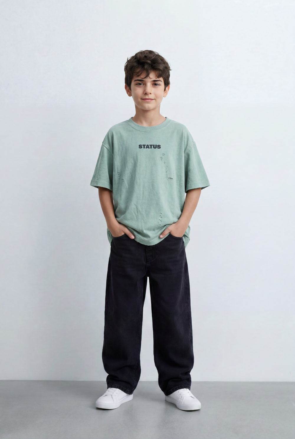 Boy’s Tomato Store Textured Oversized T-Shirt Tonal Crinkle Effect Minimal Chest Graphic