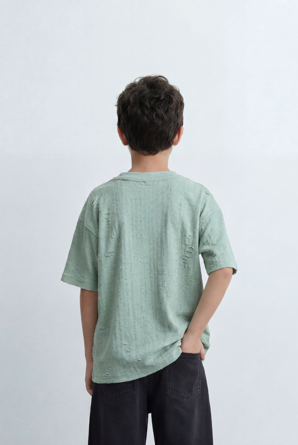 Boy’s Tomato Store Textured Oversized T-Shirt Tonal Crinkle Effect Minimal Chest Graphic