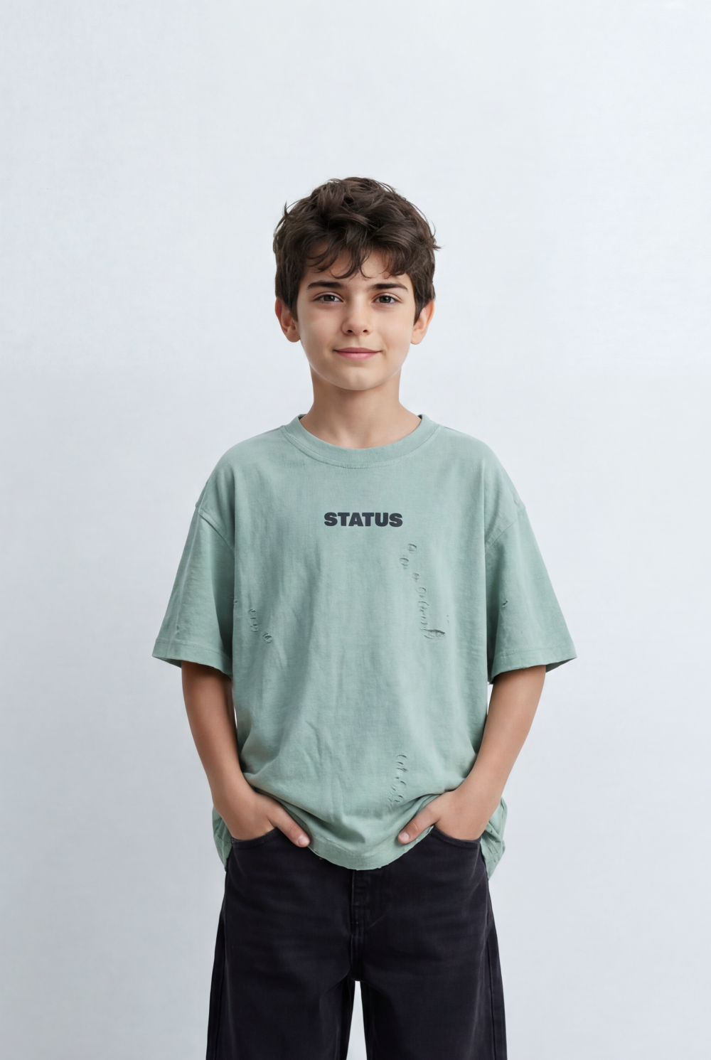Boy’s Tomato Store Textured Oversized T-Shirt Tonal Crinkle Effect Minimal Chest Graphic