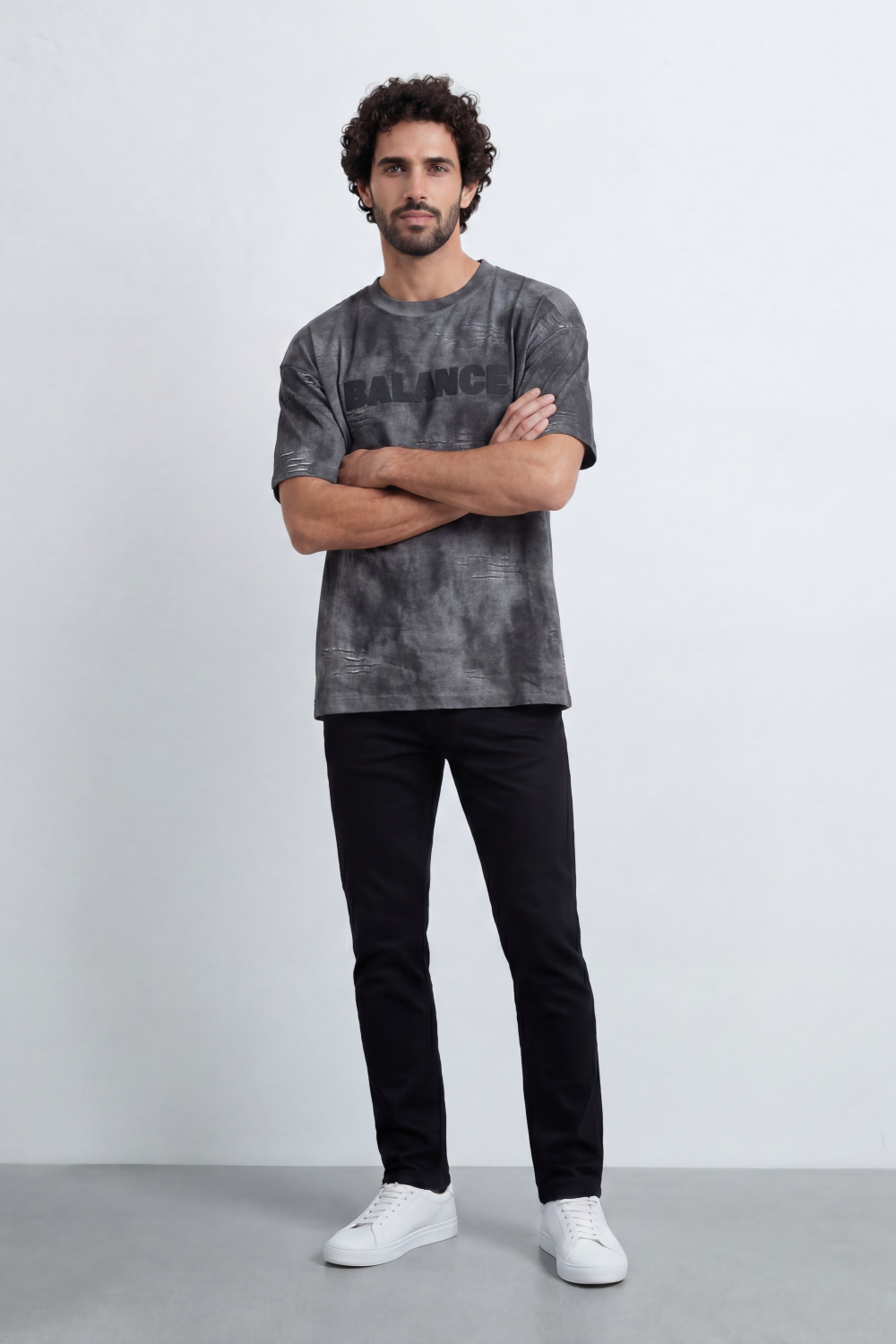 Men’s Tomato Store Balance Fade T-Shirt Relaxed Fit Cloudy Acid Wash Surface Tonal Chest Typography Print Scattered Scratch Distress
