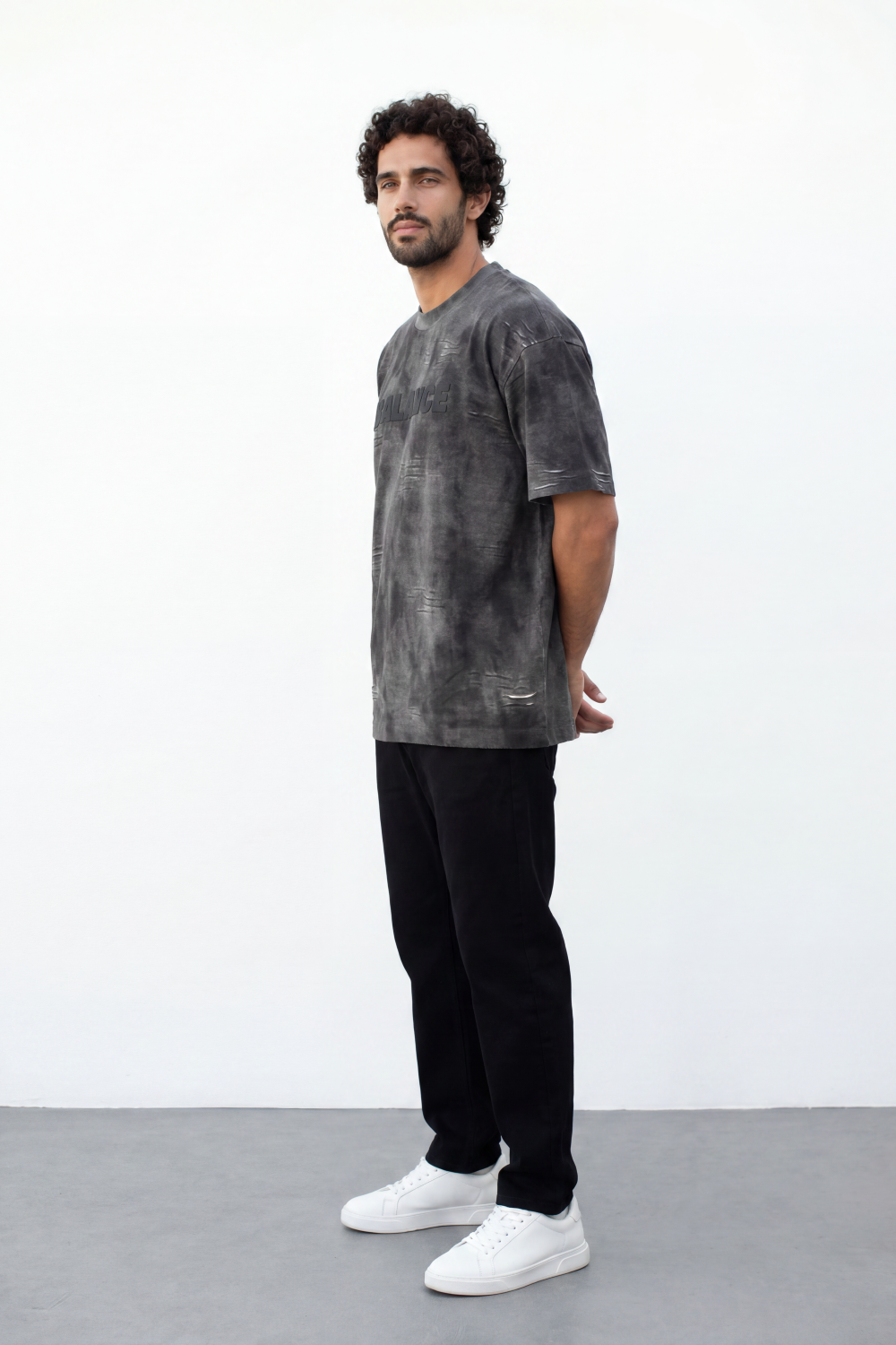 Men’s Tomato Store Balance Fade T-Shirt Relaxed Fit Cloudy Acid Wash Surface Tonal Chest Typography Print Scattered Scratch Distress