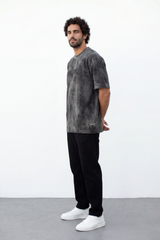 Men’s Tomato Store Balance Fade T-Shirt Relaxed Fit Cloudy Acid Wash Surface Tonal Chest Typography Print Scattered Scratch Distress