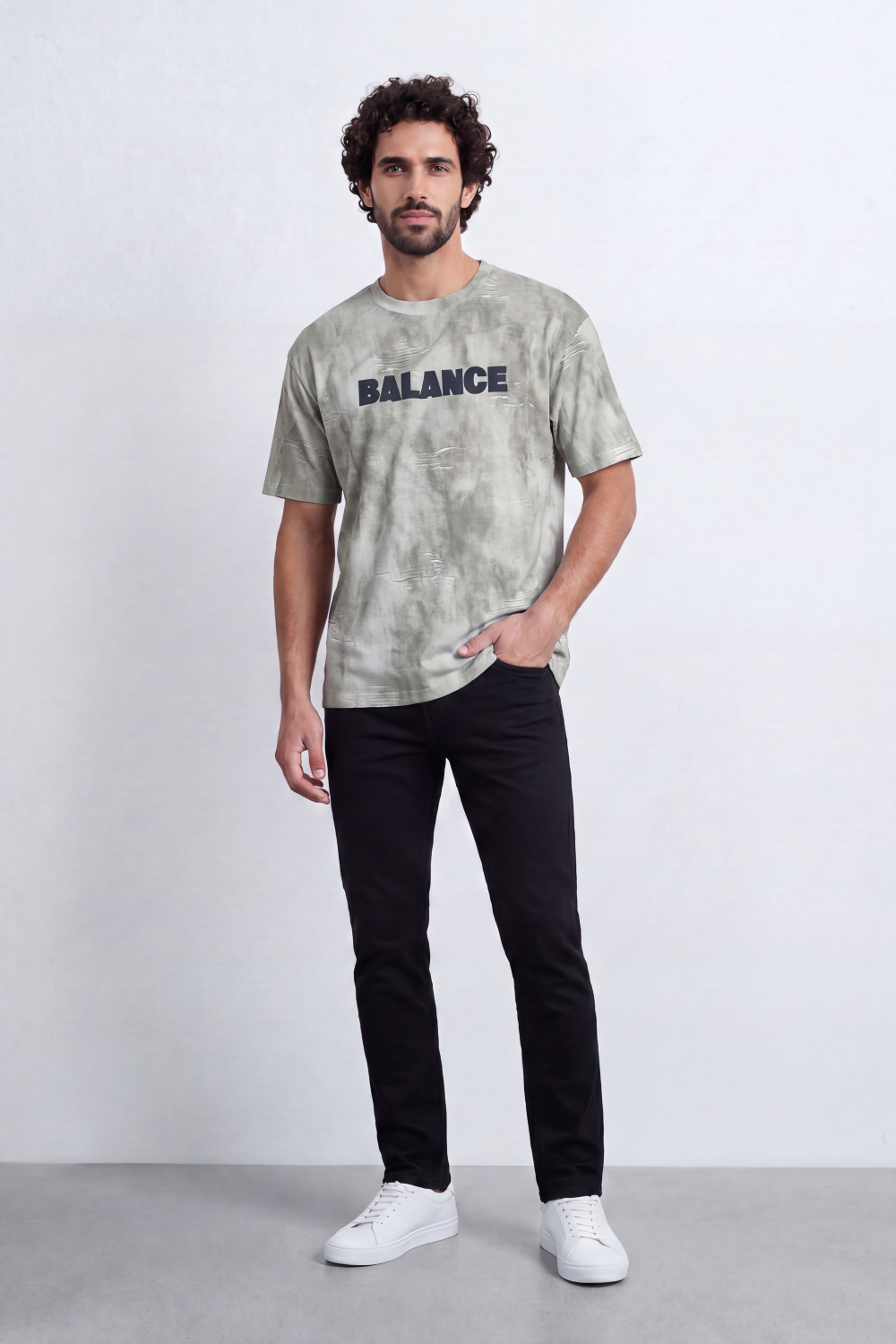 Men’s Tomato Store Balance Fade T-Shirt Relaxed Fit Cloudy Acid Wash Surface Tonal Chest Typography Print Scattered Scratch Distress