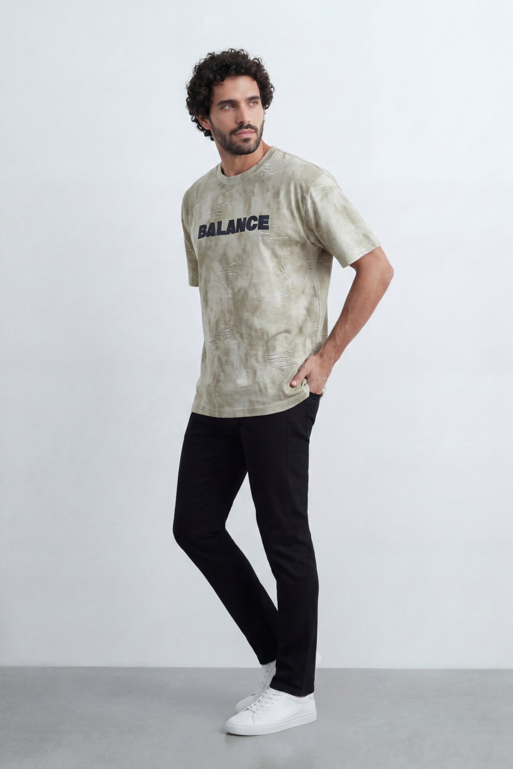 Men’s Tomato Store Balance Fade T-Shirt Relaxed Fit Cloudy Acid Wash Surface Tonal Chest Typography Print Scattered Scratch Distress