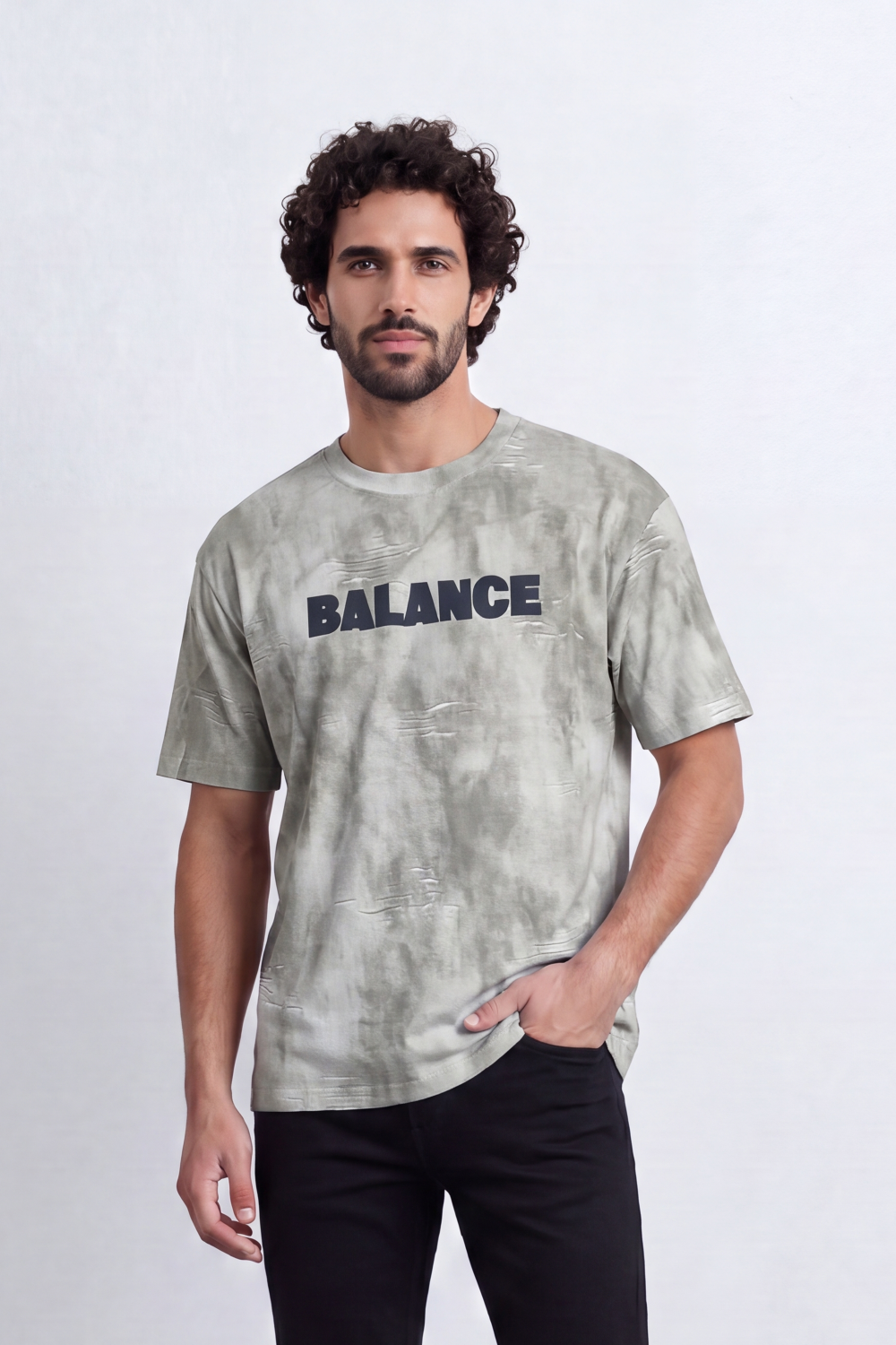 Men’s Tomato Store Balance Fade T-Shirt Relaxed Fit Cloudy Acid Wash Surface Tonal Chest Typography Print Scattered Scratch Distress