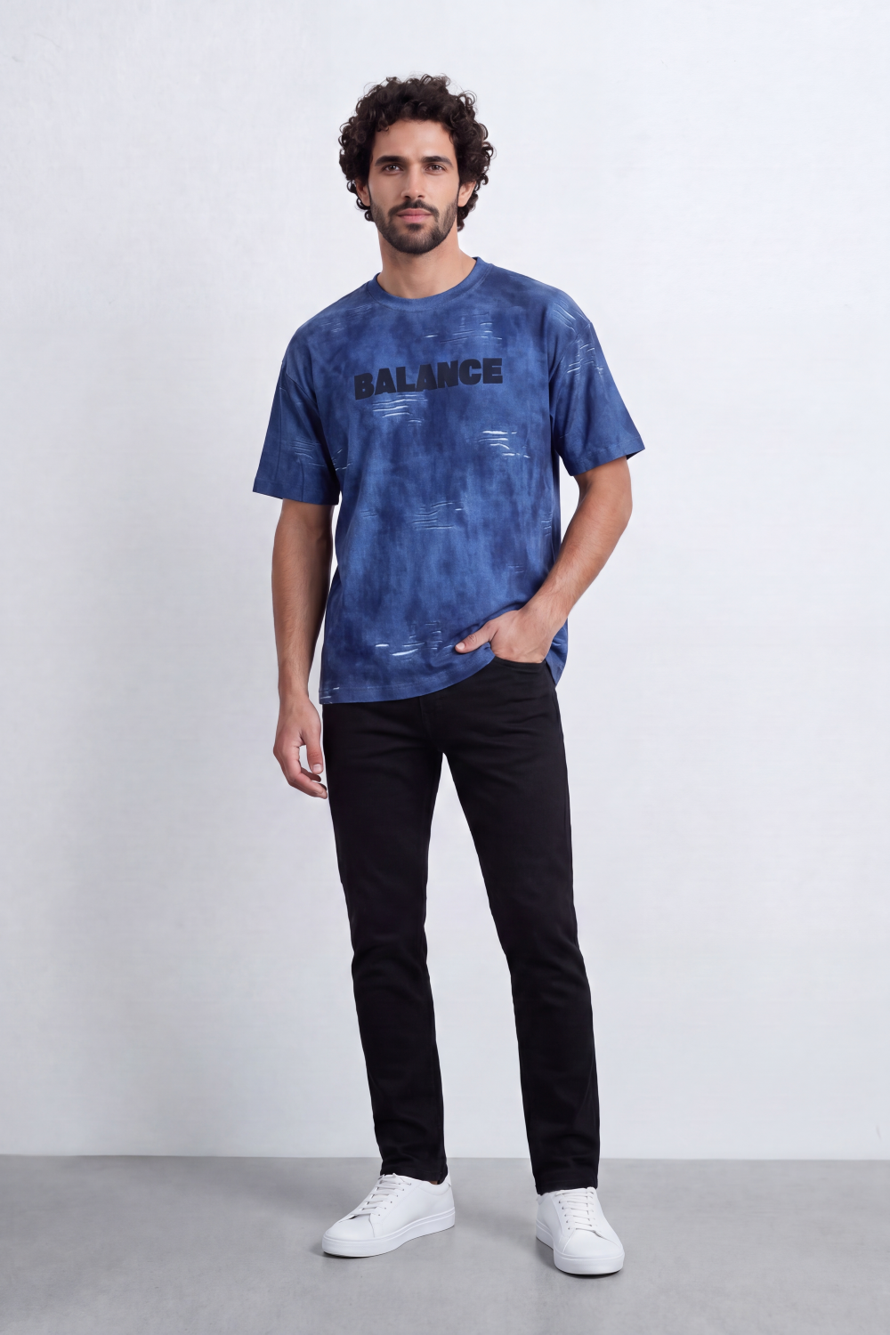 Men’s Tomato Store Balance Fade T-Shirt Relaxed Fit Cloudy Acid Wash Surface Tonal Chest Typography Print Scattered Scratch Distress