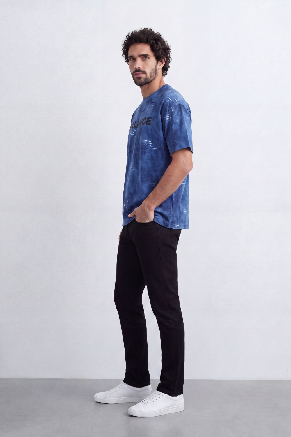 Men’s Tomato Store Balance Fade T-Shirt Relaxed Fit Cloudy Acid Wash Surface Tonal Chest Typography Print Scattered Scratch Distress