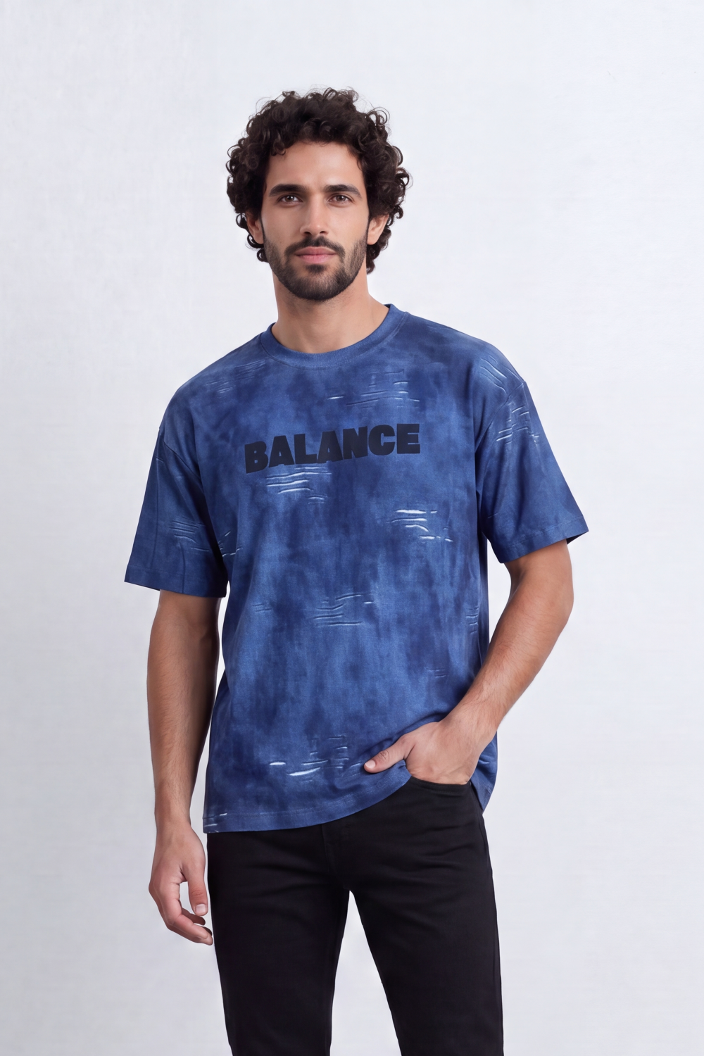 Men’s Tomato Store Balance Fade T-Shirt Relaxed Fit Cloudy Acid Wash Surface Tonal Chest Typography Print Scattered Scratch Distress