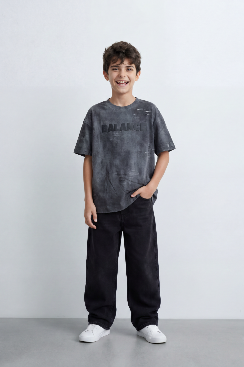Boy's Tomato Store Balance Smoke T-Shirt Cloudy Acid Wash Texture Broken Scratch Marks Tonal Balance Chest Graphic Oversized