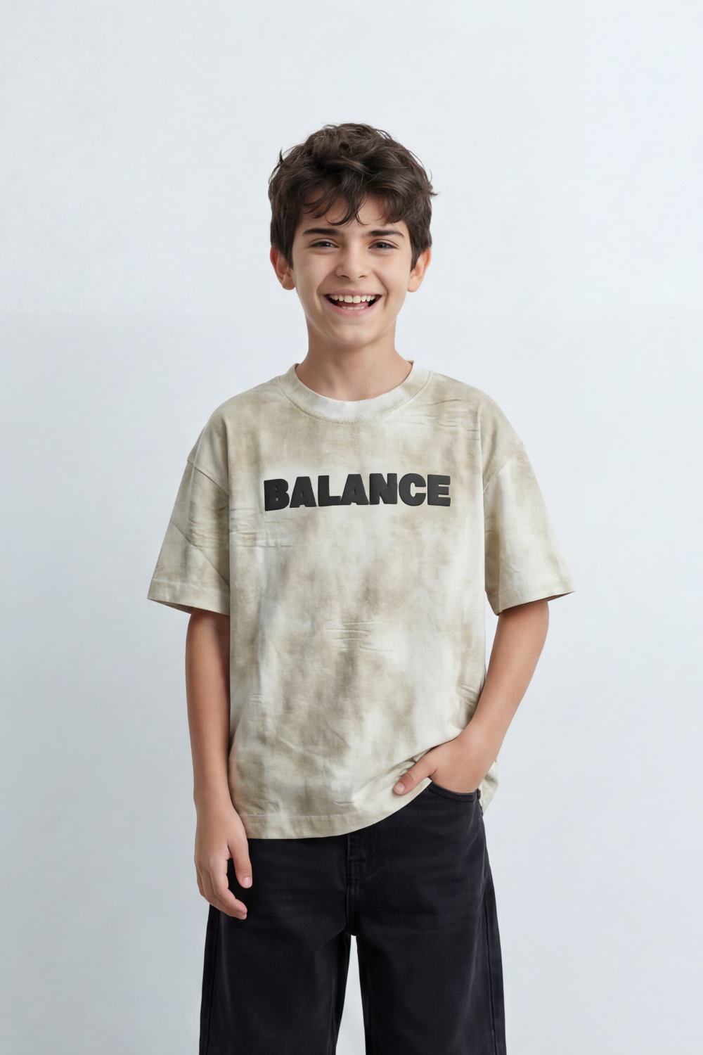 Boy's Tomato Store Balance Smoke T-Shirt Cloudy Acid Wash Texture Broken Scratch Marks Tonal Balance Chest Graphic Oversized