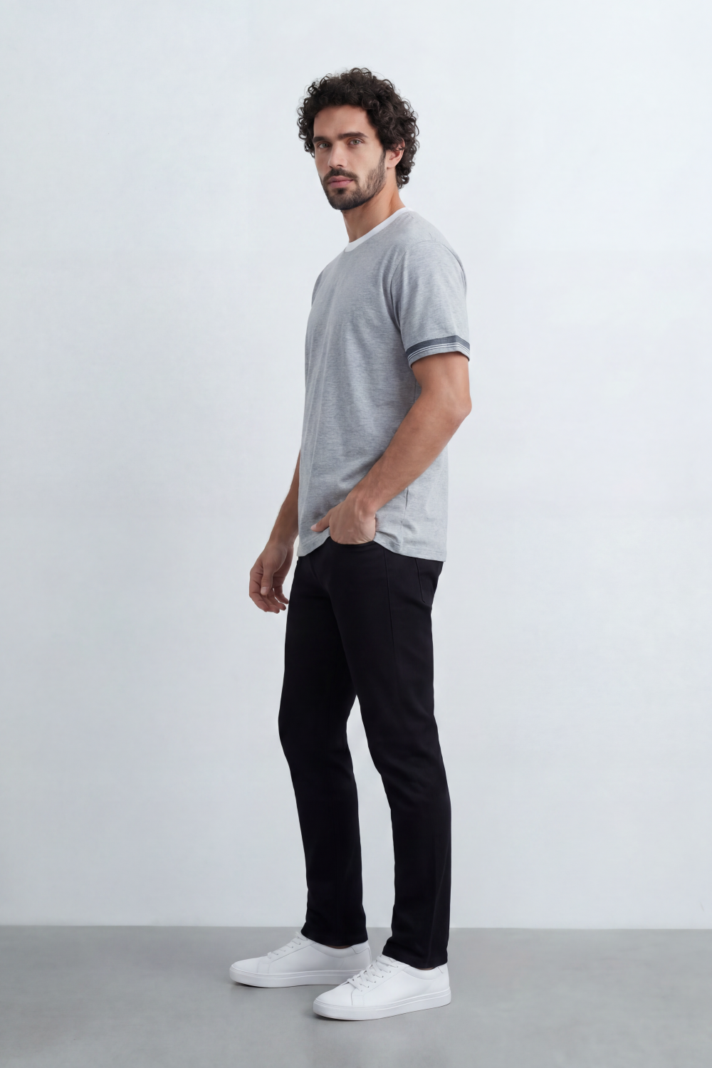 Men’s Tomato Store Melange Trim Relaxed Fit T-Shirt With Fine Marl Surface Contrast Cuff Band Detail Plain Front