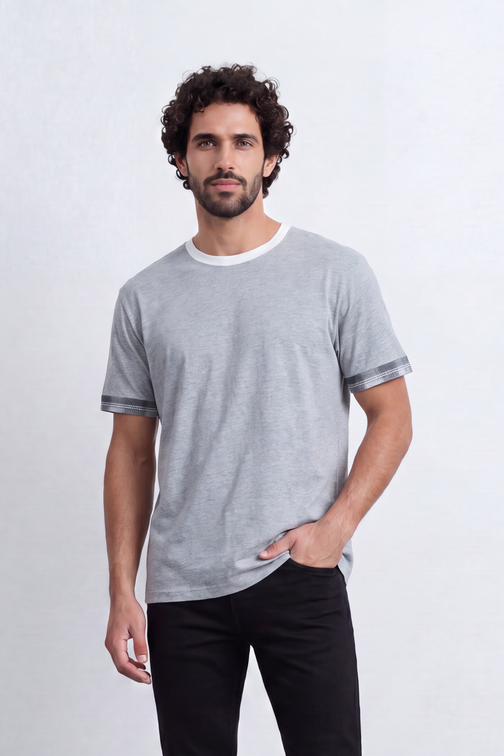 Men’s Tomato Store Melange Trim Relaxed Fit T-Shirt With Fine Marl Surface Contrast Cuff Band Detail Plain Front