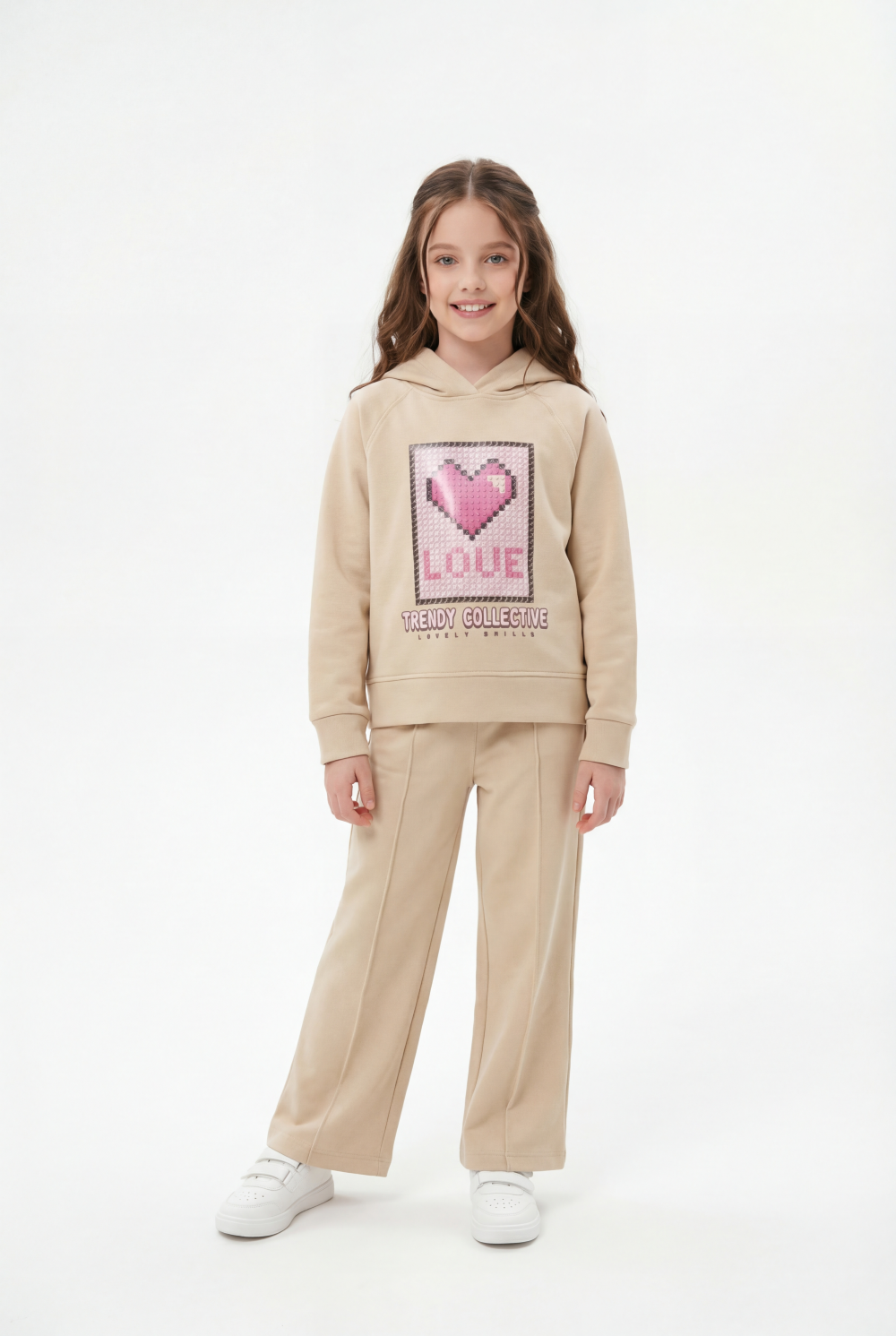 Girl’s Co-Ord Set Crossover Hood Pixelated Graphic Print Pin Tuck Seam Detail Versatile Staple Trendy Everyday Wardrobe Slim Fit Outfit