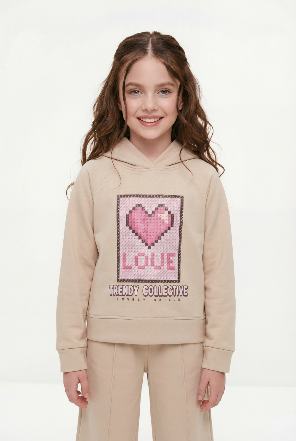 Girl’s Co-Ord Set Crossover Hood Pixelated Graphic Print Pin Tuck Seam Detail Versatile Staple Trendy Everyday Wardrobe Slim Fit Outfit