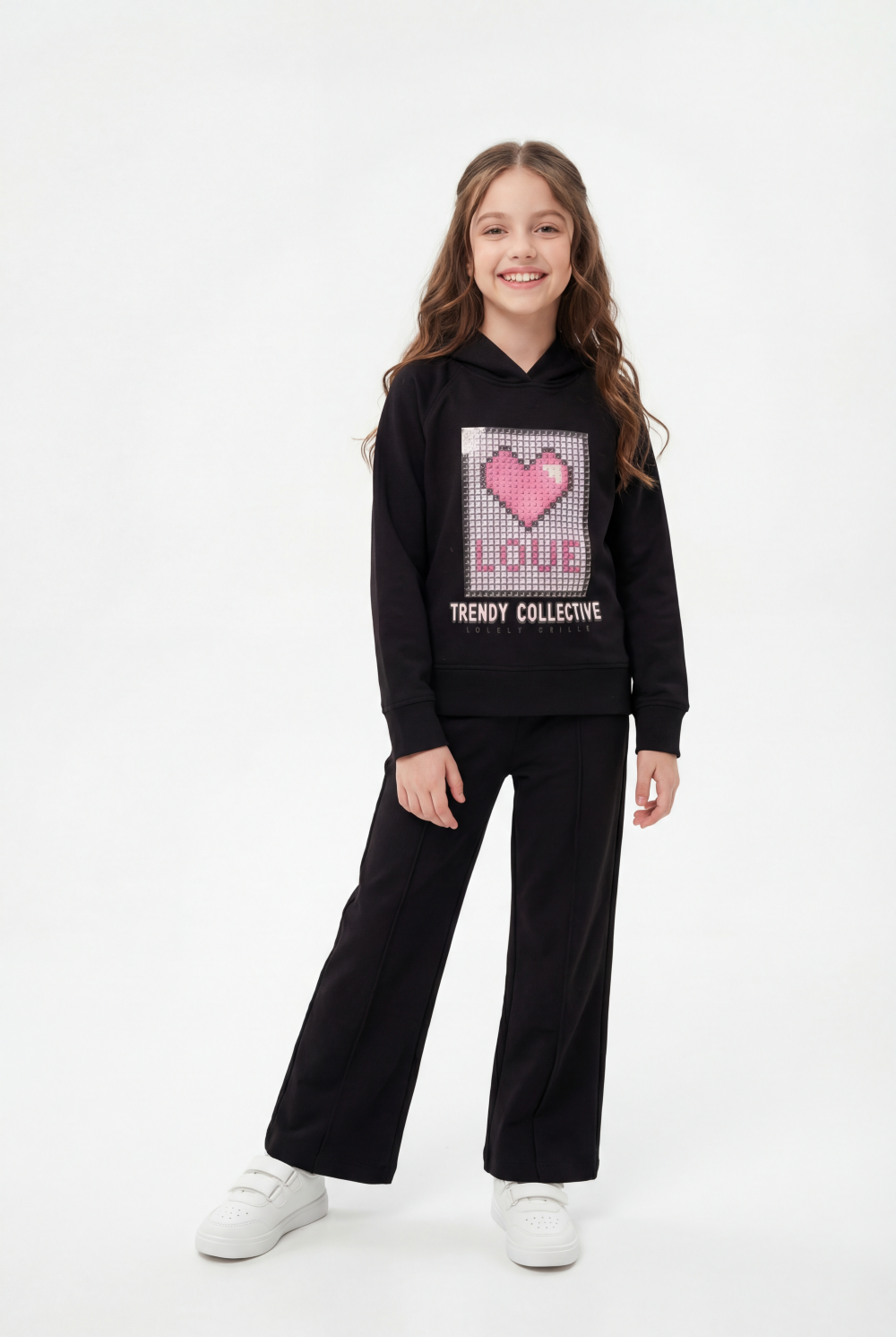 Girl’s Co-Ord Set Crossover Hood Pixelated Graphic Print Pin Tuck Seam Detail Versatile Staple Trendy Everyday Wardrobe Slim Fit Outfit