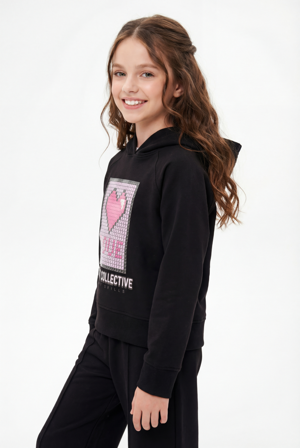 Girl’s Co-Ord Set Crossover Hood Pixelated Graphic Print Pin Tuck Seam Detail Versatile Staple Trendy Everyday Wardrobe Slim Fit Outfit