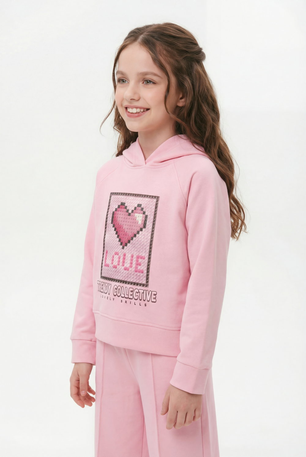 Girl’s Co-Ord Set Crossover Hood Pixelated Graphic Print Pin Tuck Seam Detail Versatile Staple Trendy Everyday Wardrobe Slim Fit Outfit