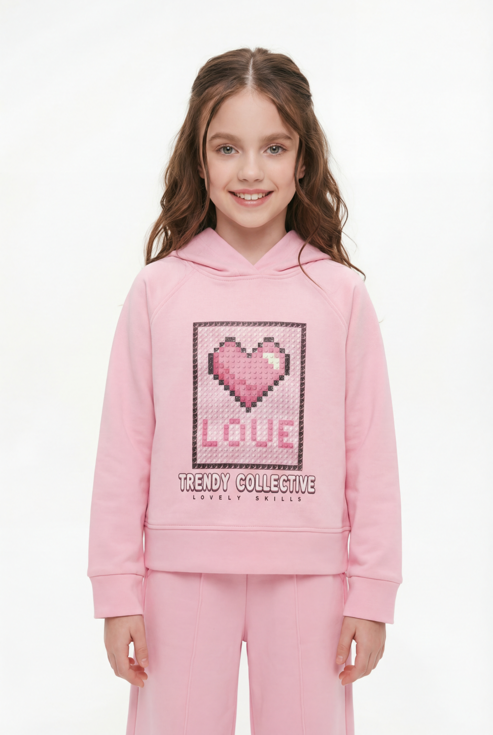 Girl’s Co-Ord Set Crossover Hood Pixelated Graphic Print Pin Tuck Seam Detail Versatile Staple Trendy Everyday Wardrobe Slim Fit Outfit