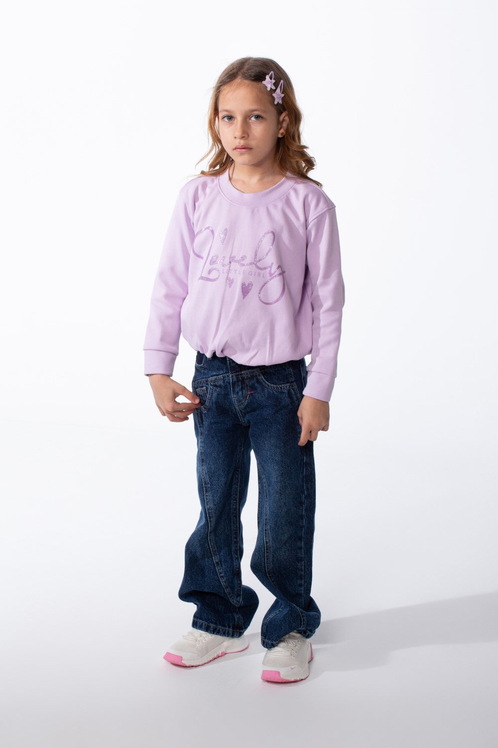 Girl's Crew Neckline Detailed With Shimmering Silver Glitter Print Cinched Elastic Hem Versatile Slim Fit Sweatshirt