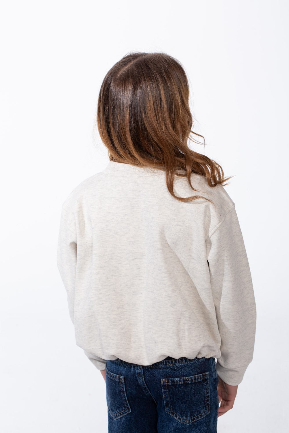 Girl's Crew Neckline Detailed With Shimmering Silver Glitter Print Cinched Elastic Hem Versatile Slim Fit Sweatshirt