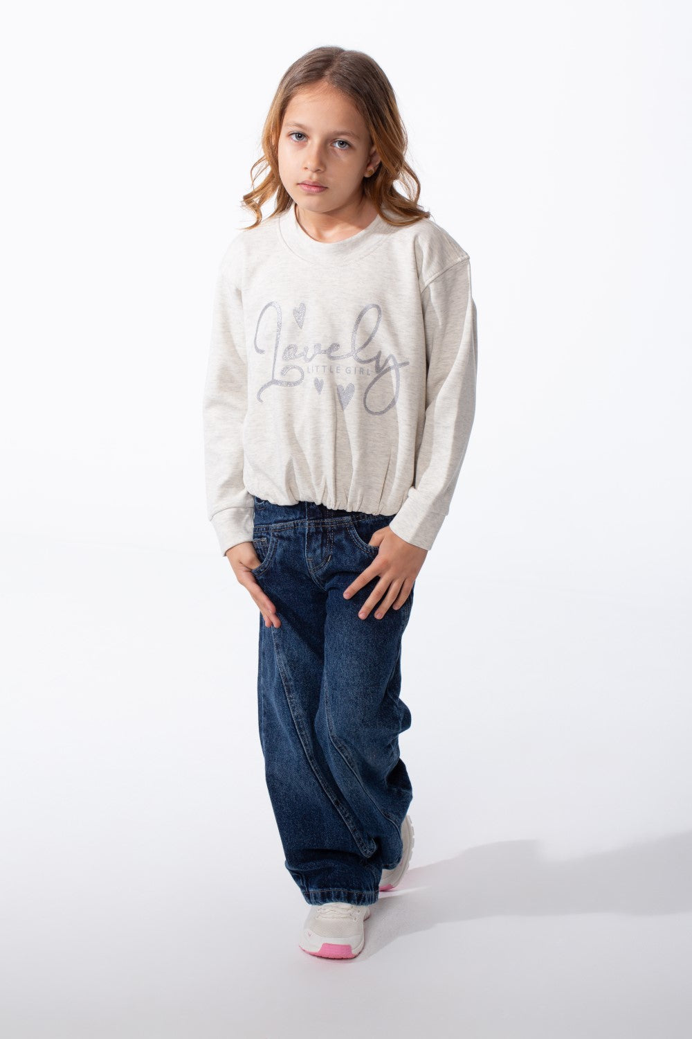 Girl's Crew Neckline Detailed With Shimmering Silver Glitter Print Cinched Elastic Hem Versatile Slim Fit Sweatshirt