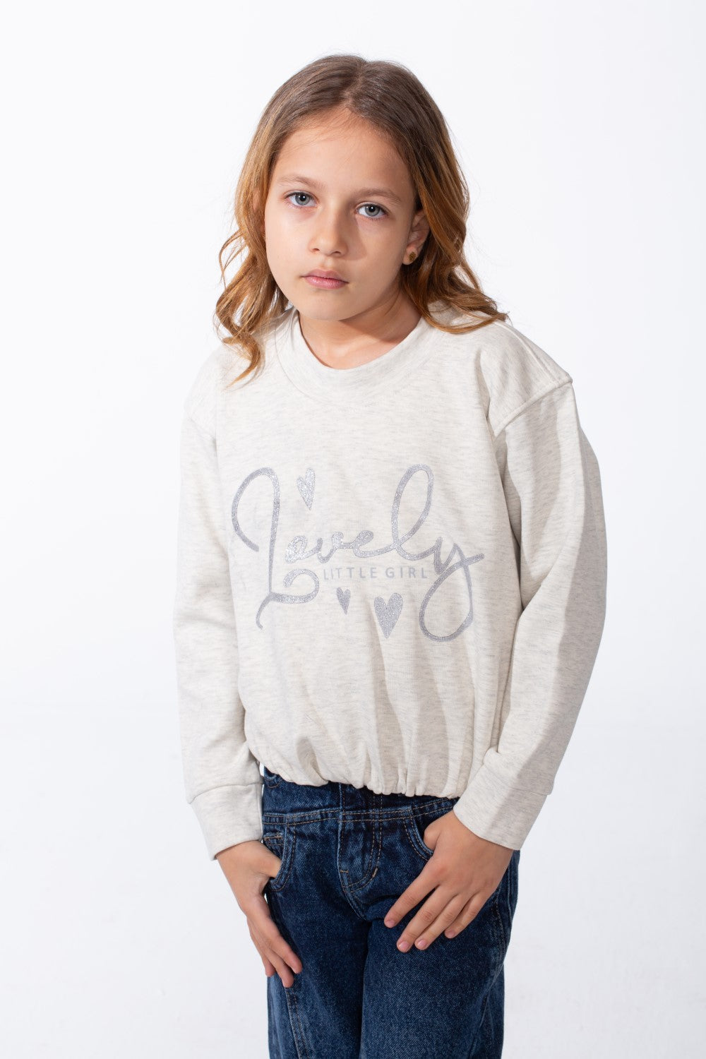 Girl's Crew Neckline Detailed With Shimmering Silver Glitter Print Cinched Elastic Hem Versatile Slim Fit Sweatshirt