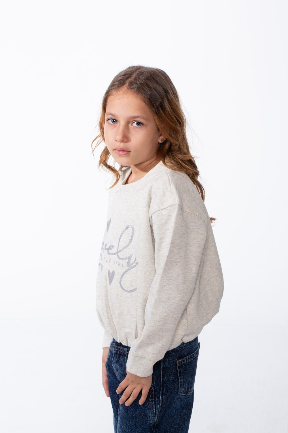 Girl's Crew Neckline Detailed With Shimmering Silver Glitter Print Cinched Elastic Hem Versatile Slim Fit Sweatshirt