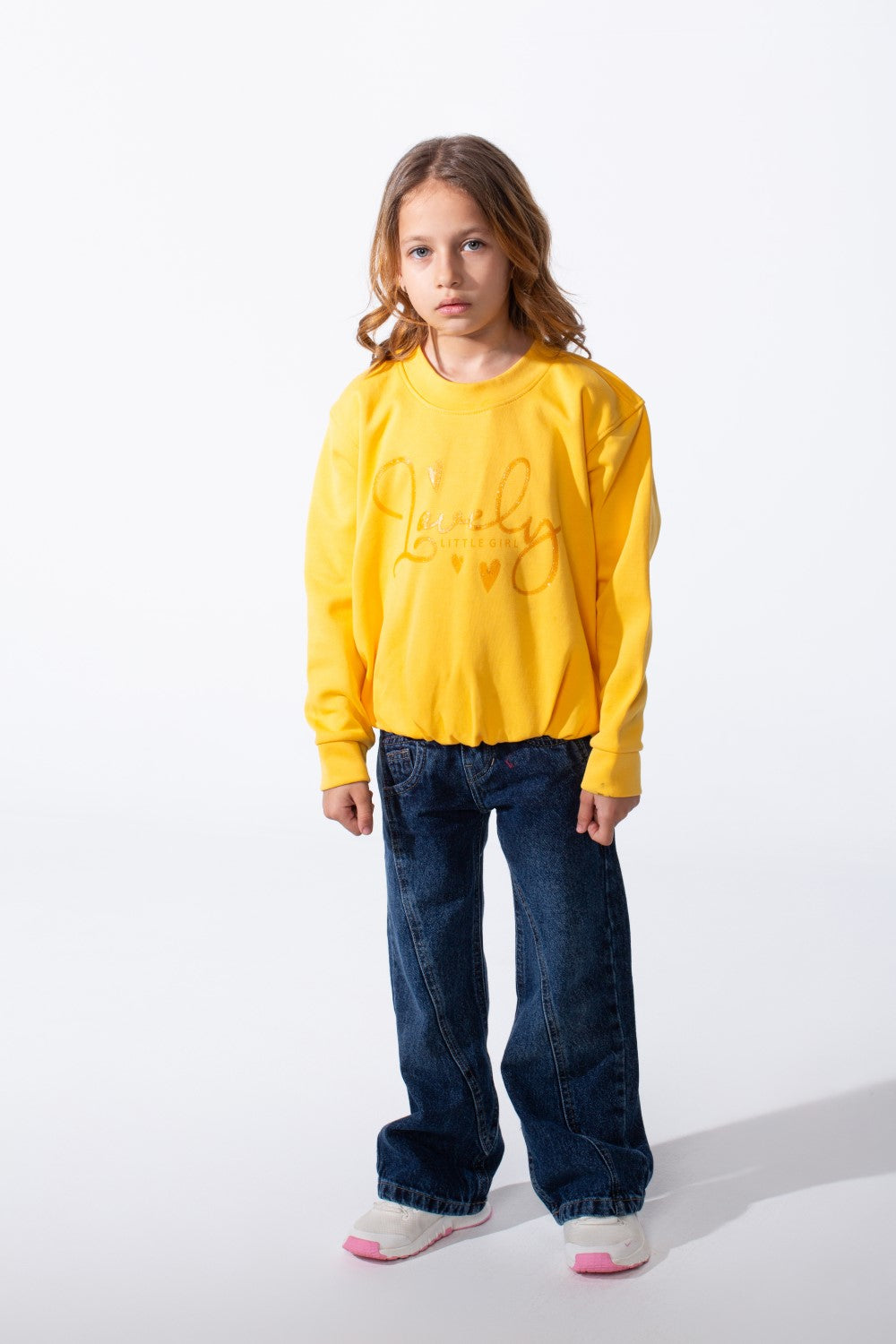 Girl's Crew Neckline Detailed With Shimmering Silver Glitter Print Cinched Elastic Hem Versatile Slim Fit Sweatshirt