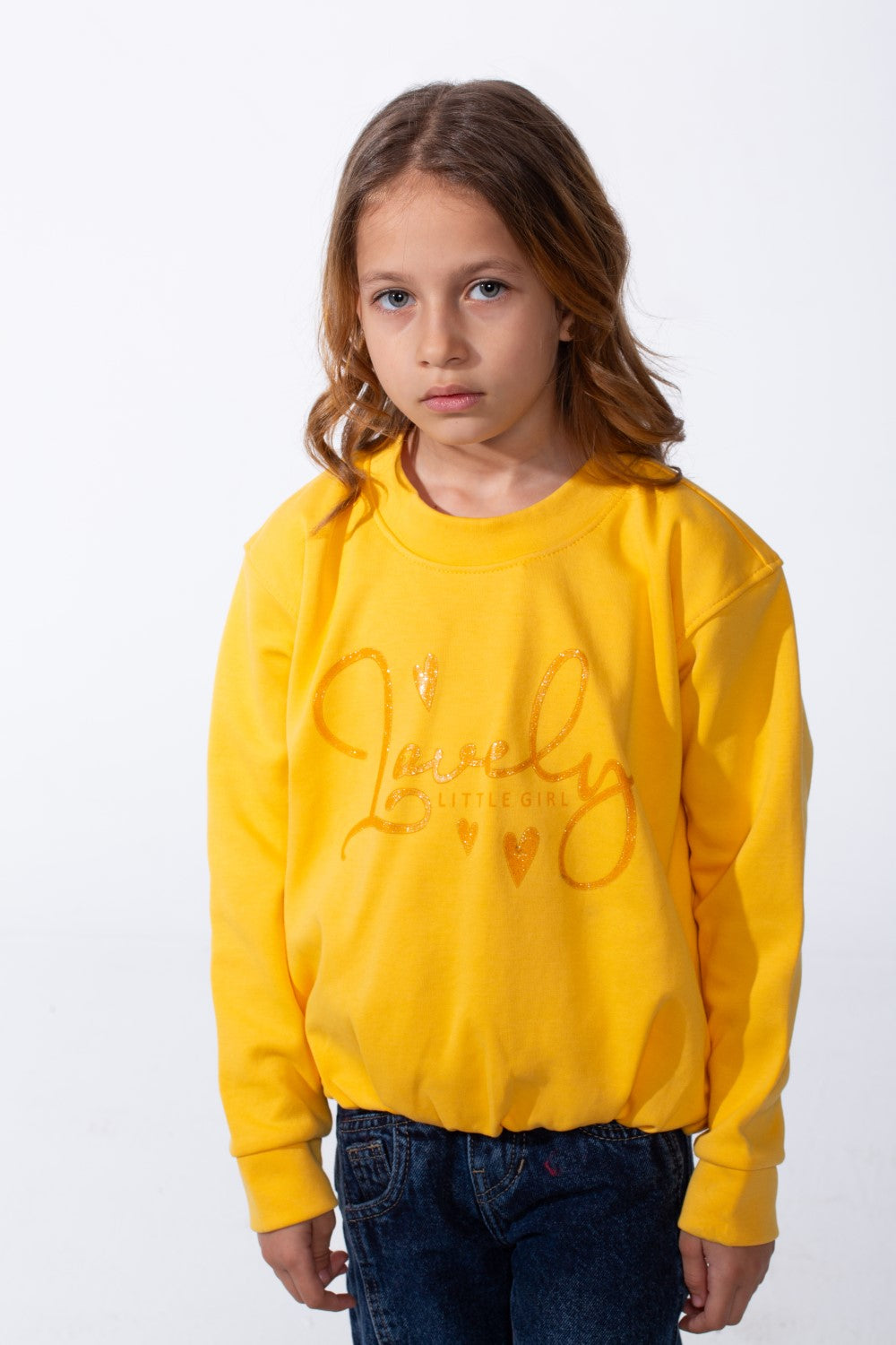 Girl's Crew Neckline Detailed With Shimmering Silver Glitter Print Cinched Elastic Hem Versatile Slim Fit Sweatshirt