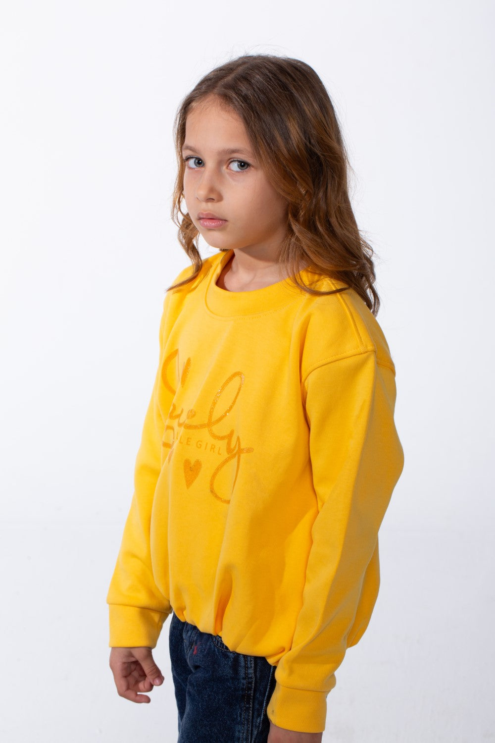 Girl's Crew Neckline Detailed With Shimmering Silver Glitter Print Cinched Elastic Hem Versatile Slim Fit Sweatshirt