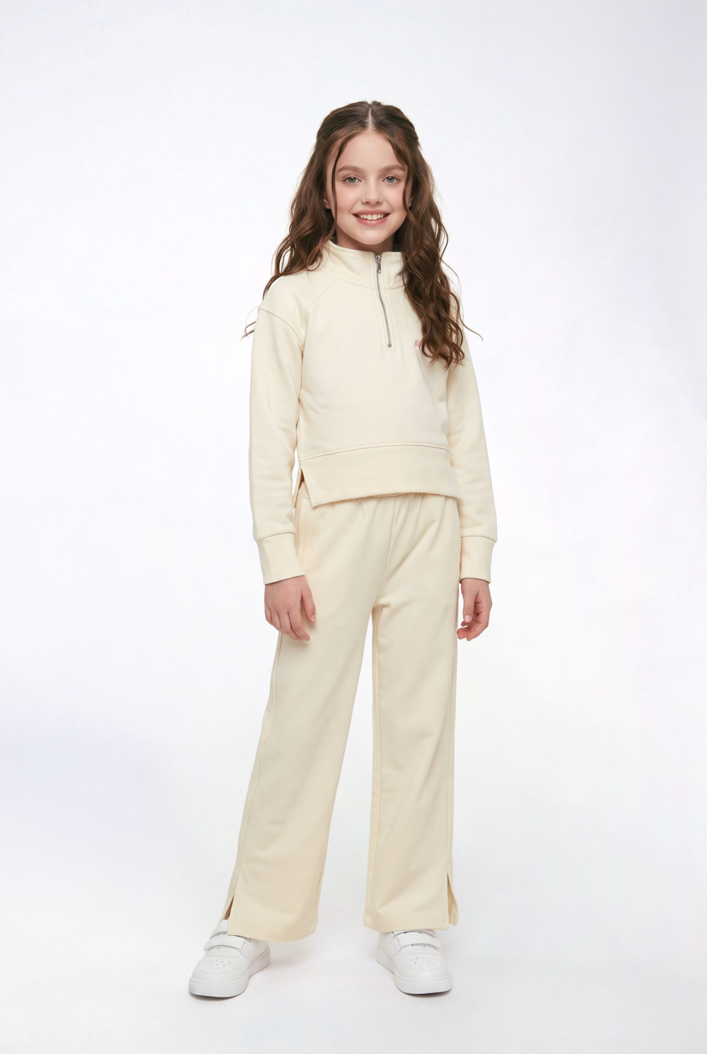 Girl’s Quarter Zip Funnel Neck Co-Ord Set Side-Slit Hem Comfortable Aesthetic Slim Fit Outfit