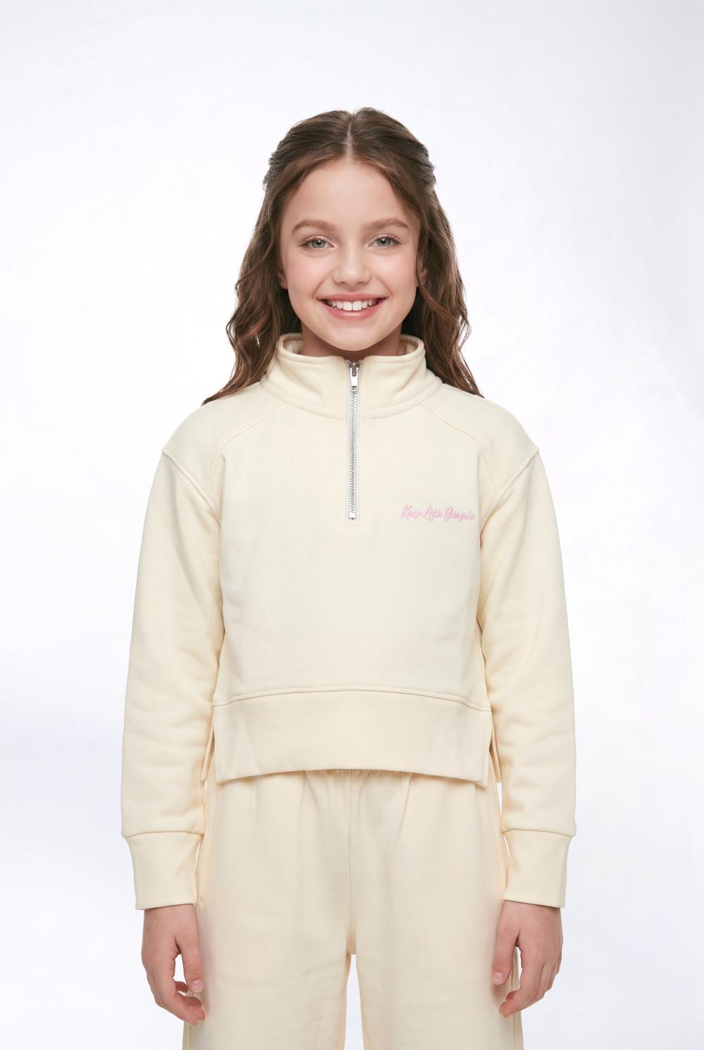 Girl’s Quarter Zip Funnel Neck Co-Ord Set Side-Slit Hem Comfortable Aesthetic Slim Fit Outfit