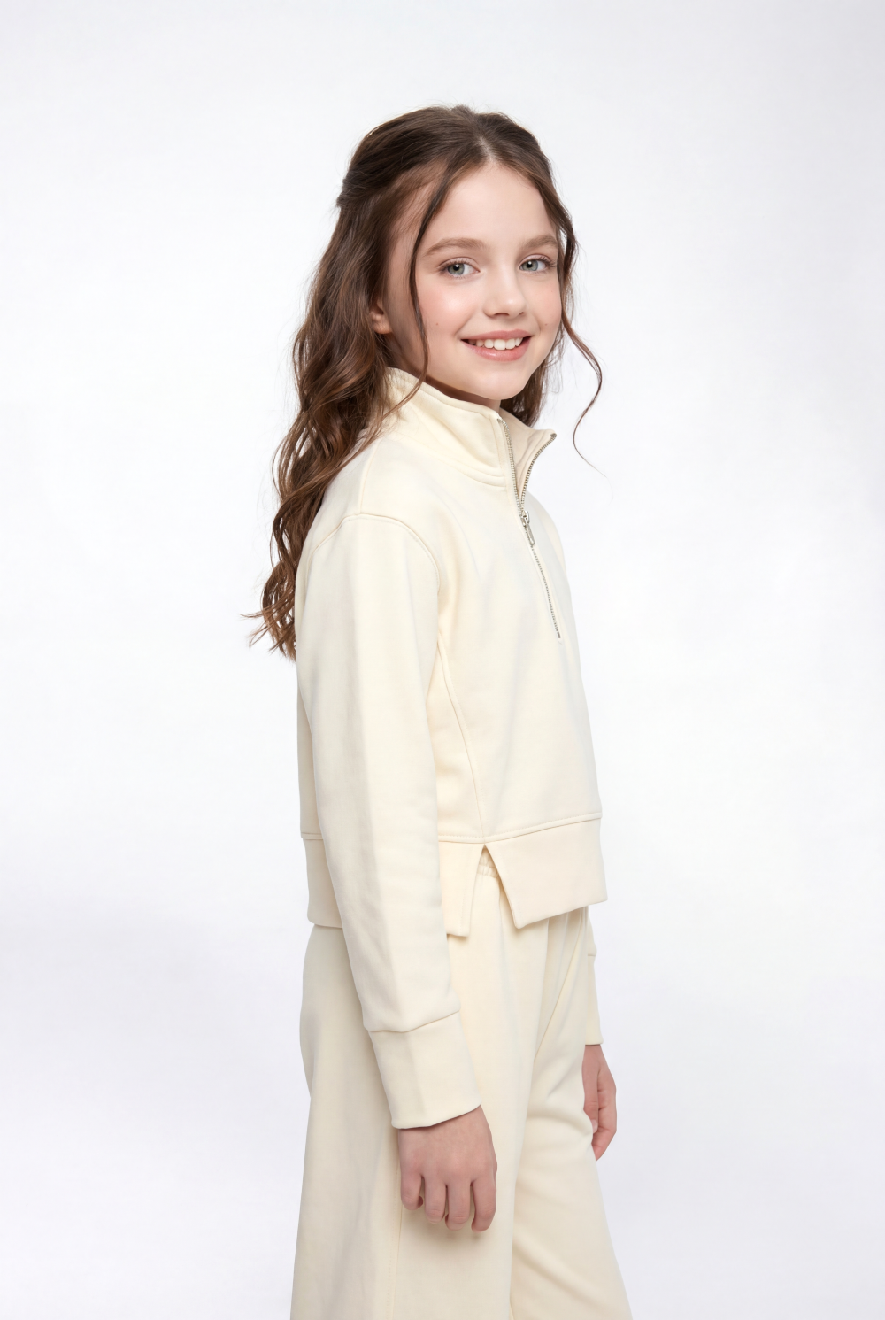 Girl’s Quarter Zip Funnel Neck Co-Ord Set Side-Slit Hem Comfortable Aesthetic Slim Fit Outfit