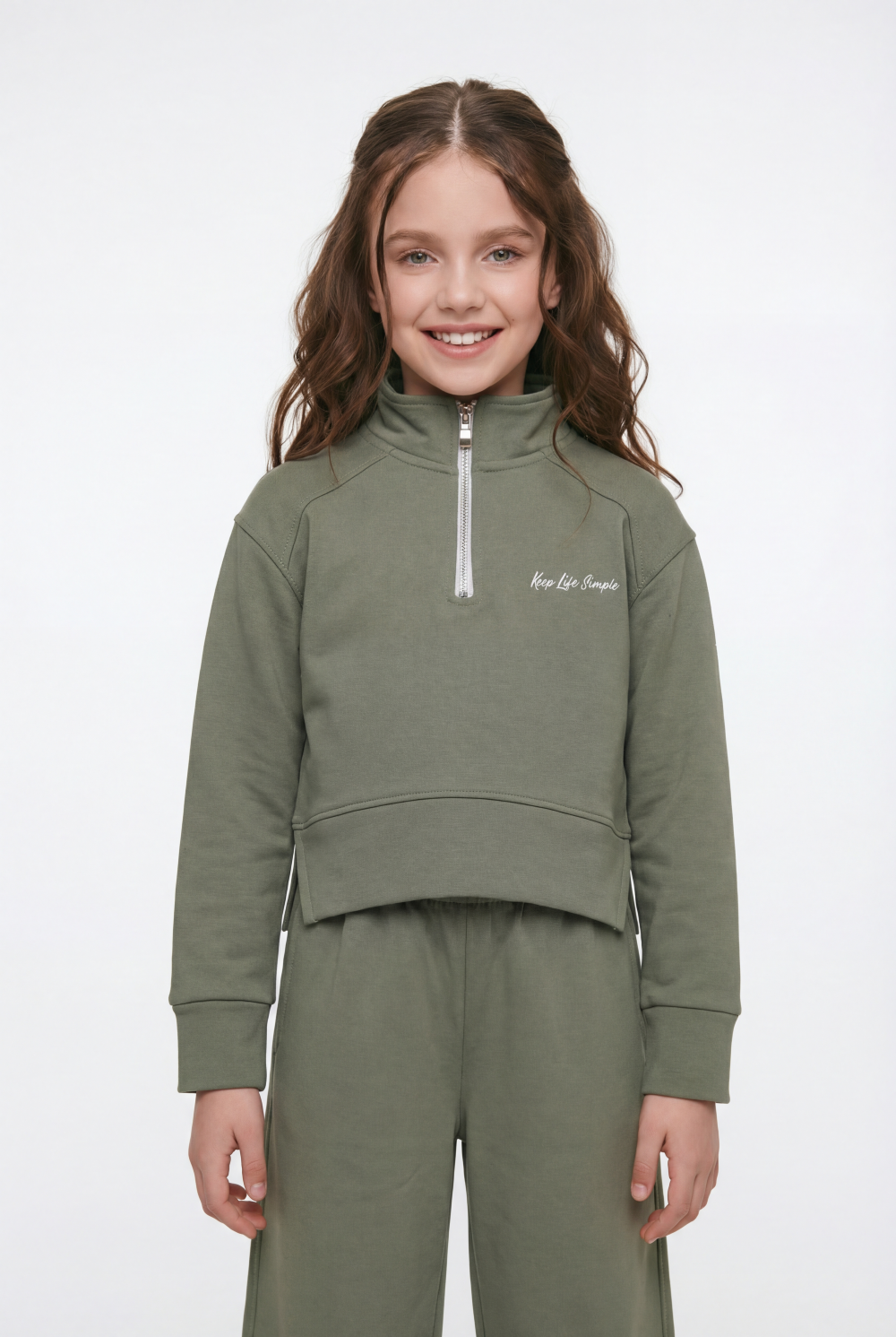 Girl’s Quarter Zip Funnel Neck Co-Ord Set Side-Slit Hem Comfortable Aesthetic Slim Fit Outfit