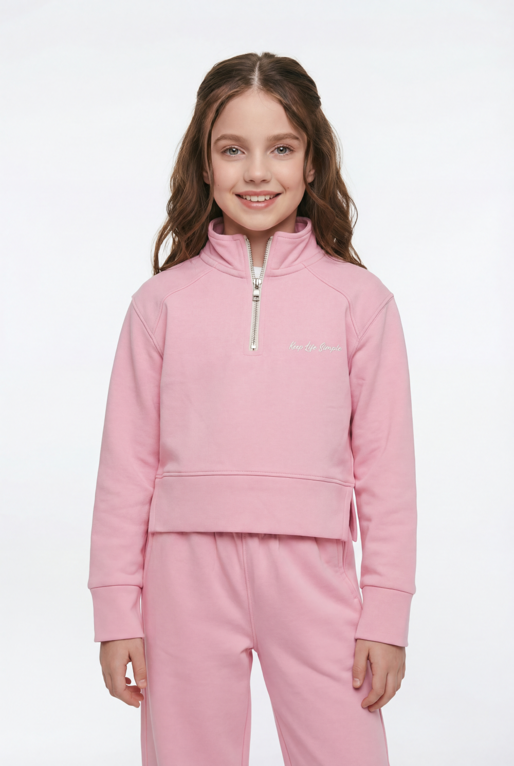 Girl’s Quarter Zip Funnel Neck Co-Ord Set Side-Slit Hem Comfortable Aesthetic Slim Fit Outfit