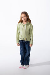 Girl's Crossover Hood Playful Embroidery Along Hem Asymmetrical Split Hem Provides Layered Look Slim Fit Sweatshirt