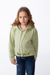 Girl's Crossover Hood Playful Embroidery Along Hem Asymmetrical Split Hem Provides Layered Look Slim Fit Sweatshirt