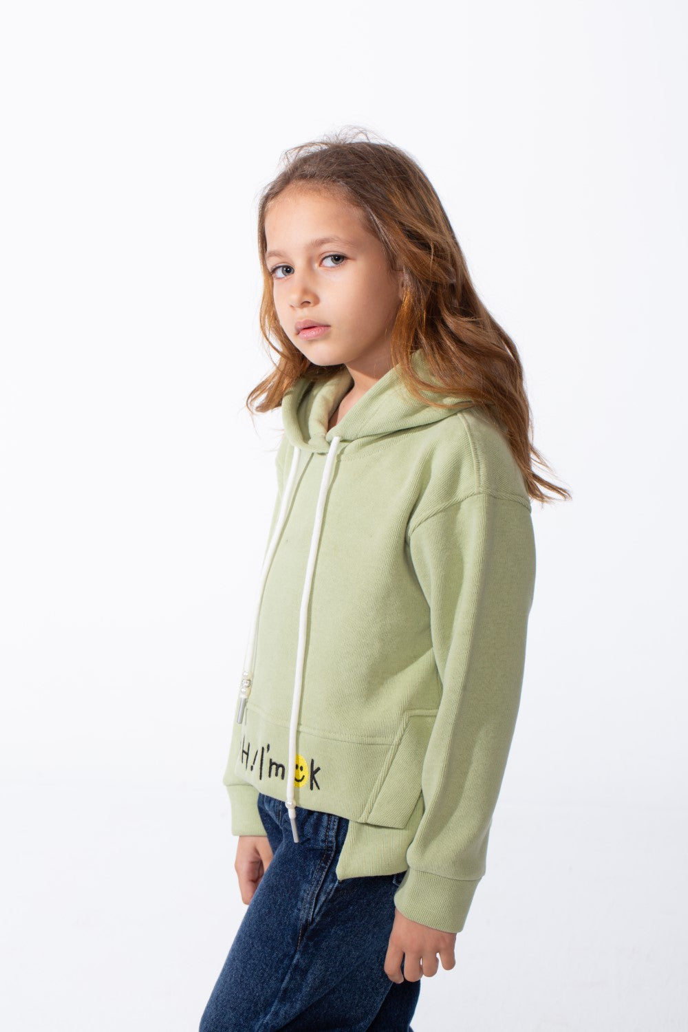 Girl's Crossover Hood Playful Embroidery Along Hem Asymmetrical Split Hem Provides Layered Look Slim Fit Sweatshirt