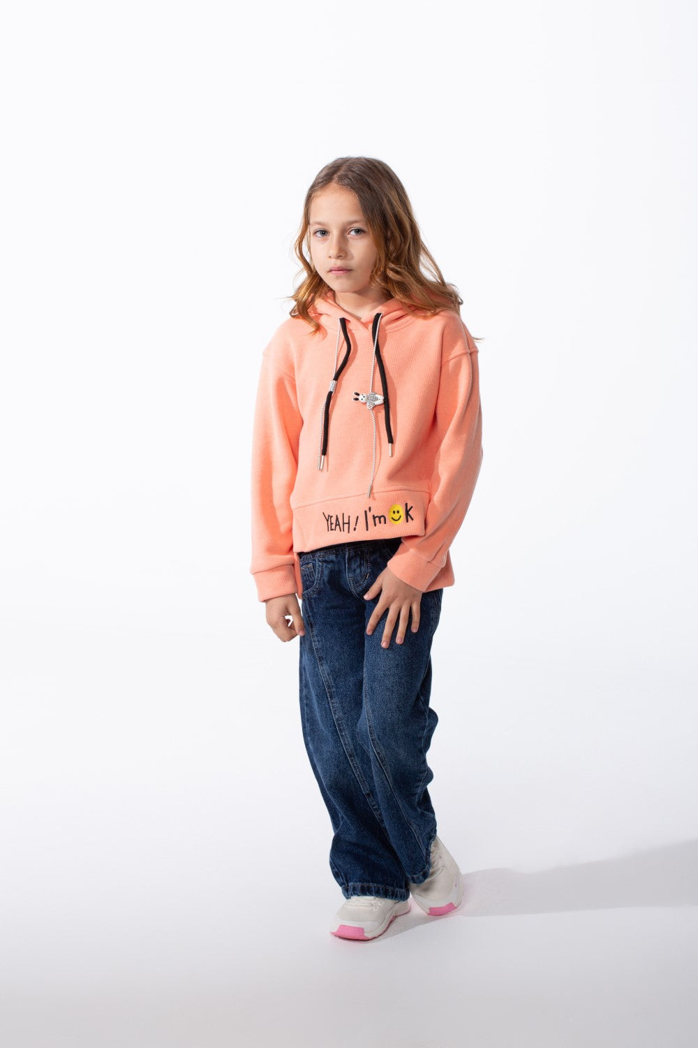 Girl's Crossover Hood Playful Embroidery Along Hem Asymmetrical Split Hem Provides Layered Look Slim Fit Sweatshirt