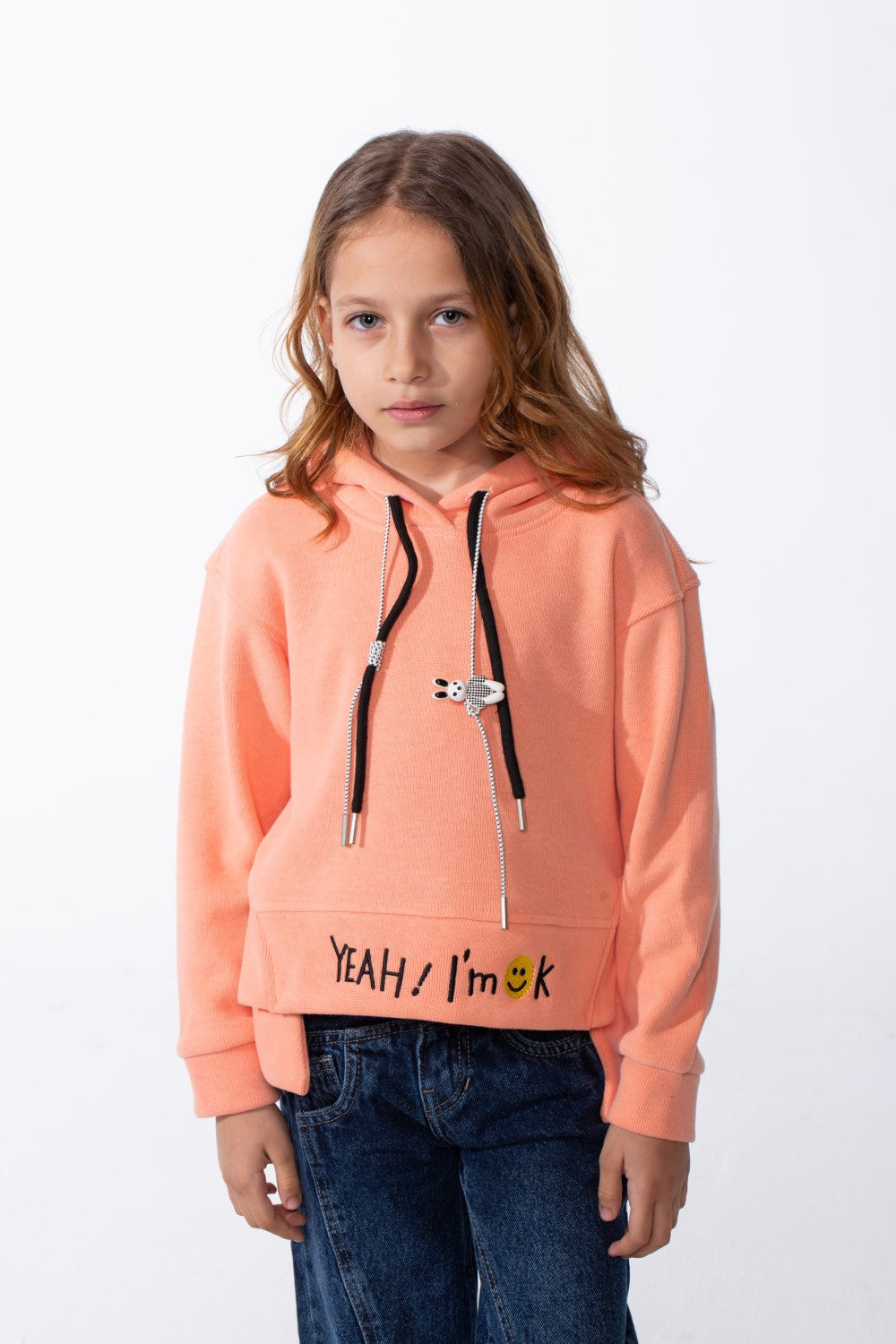 Girl's Crossover Hood Playful Embroidery Along Hem Asymmetrical Split Hem Provides Layered Look Slim Fit Sweatshirt