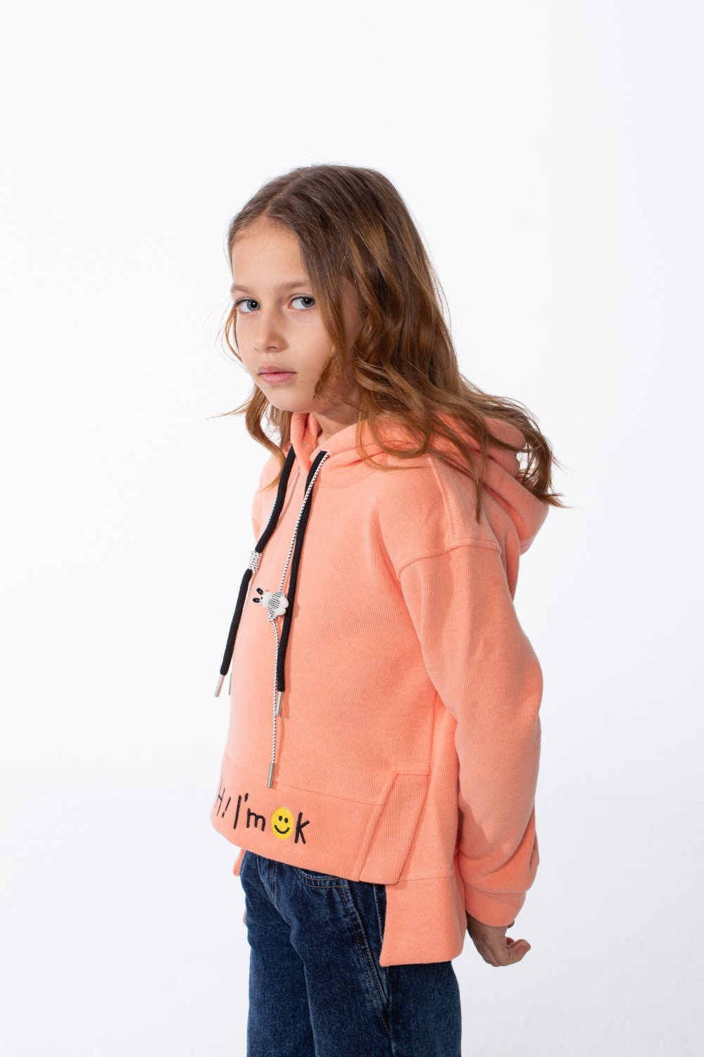 Girl's Crossover Hood Playful Embroidery Along Hem Asymmetrical Split Hem Provides Layered Look Slim Fit Sweatshirt