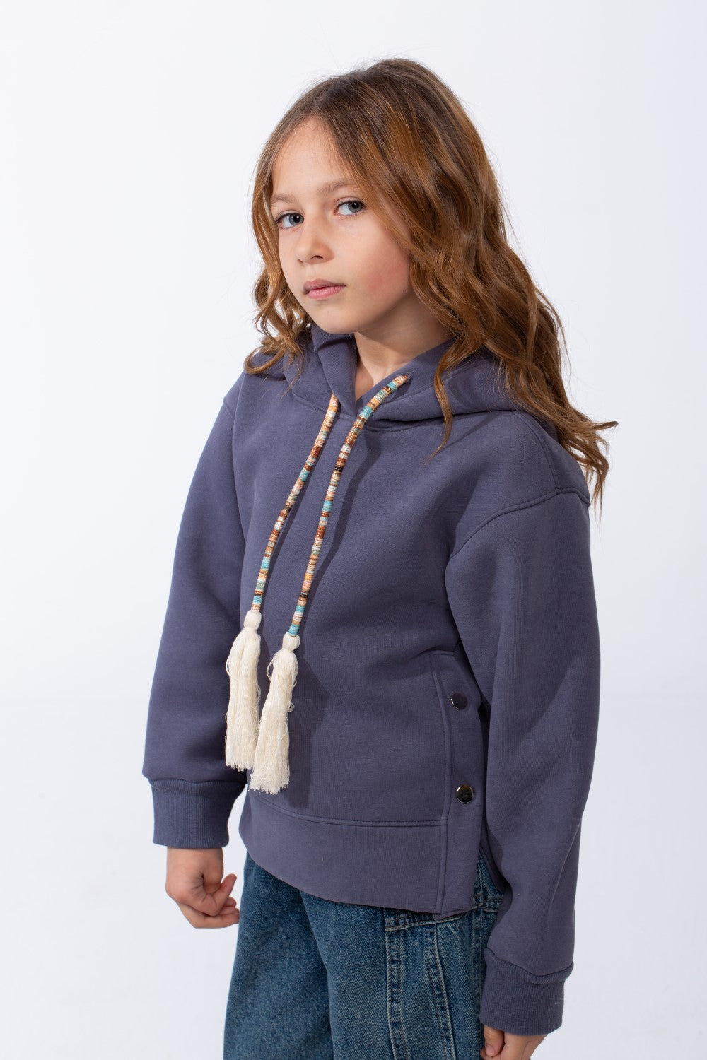 Girl’s Slim Fit Side Button Detail Hood Sweatshirt With Decorative Tassel Drawstrings