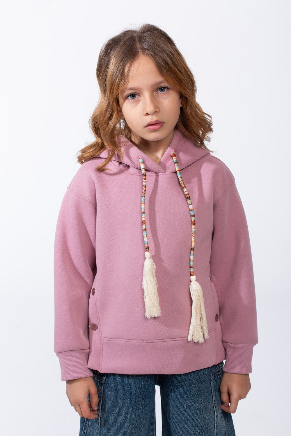 Girl’s Slim Fit Side Button Detail Hood Sweatshirt With Decorative Tassel Drawstrings