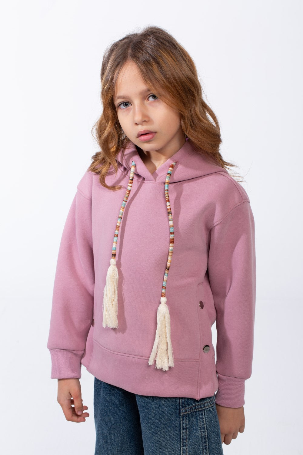 Girl’s Slim Fit Side Button Detail Hood Sweatshirt With Decorative Tassel Drawstrings