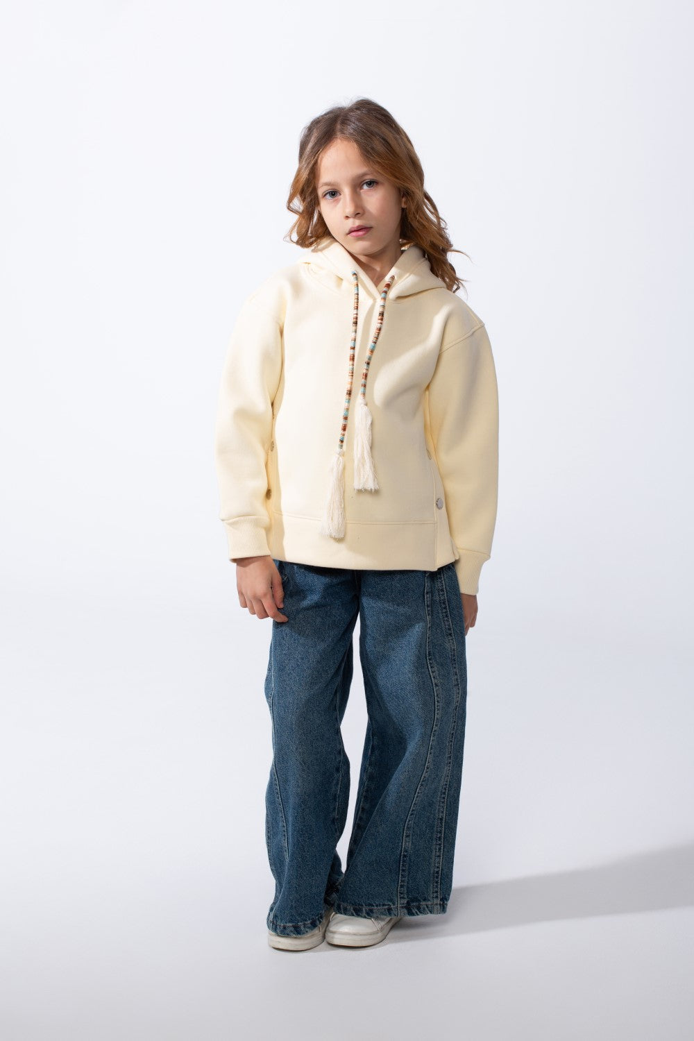 Girl’s Slim Fit Side Button Detail Hood Sweatshirt With Decorative Tassel Drawstrings