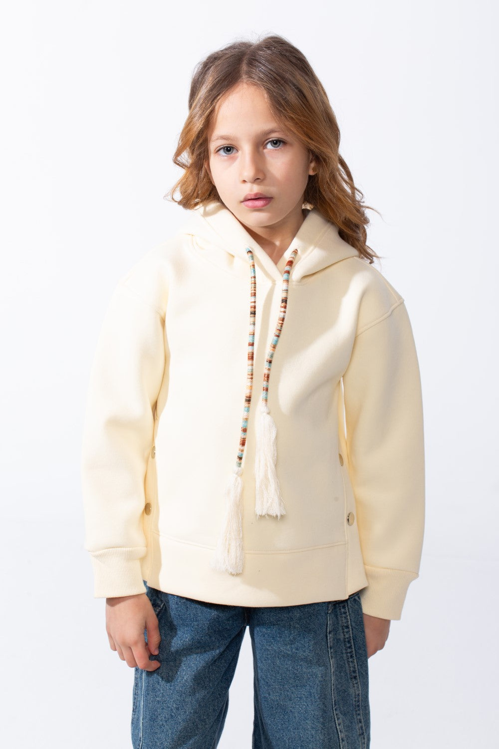 Girl’s Slim Fit Side Button Detail Hood Sweatshirt With Decorative Tassel Drawstrings