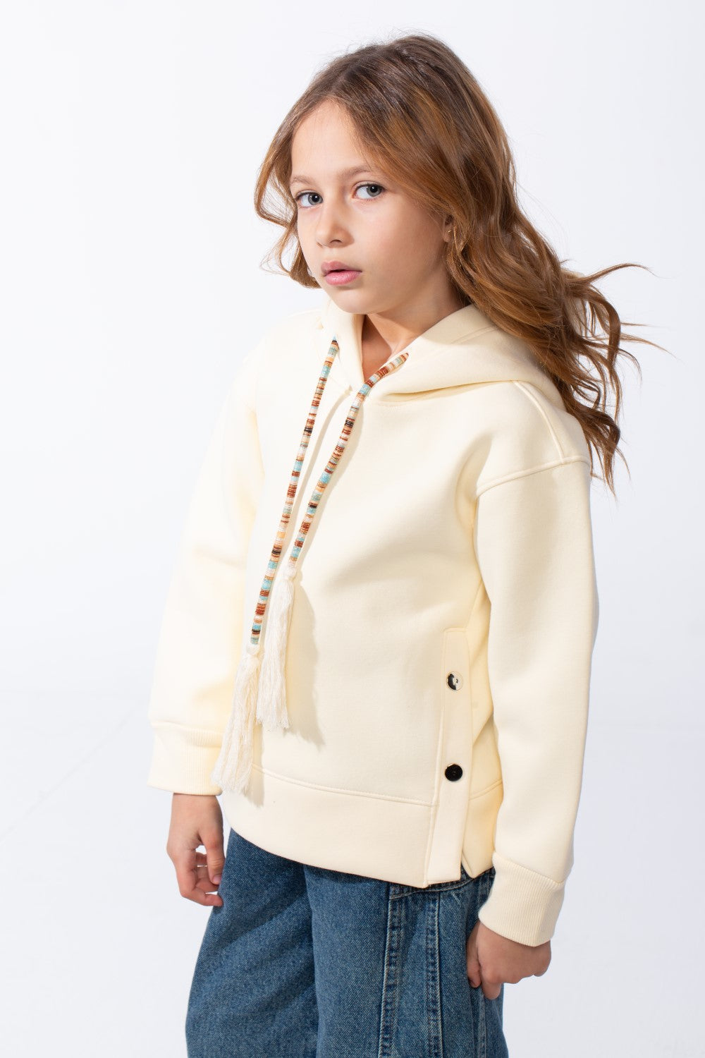 Girl’s Slim Fit Side Button Detail Hood Sweatshirt With Decorative Tassel Drawstrings