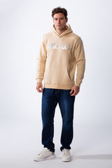 Men's Long Sleeves Metallic Front Bold Text Kangaroo Pockets Knit Melton Fabric Slim Fit Hood Sweatshirt